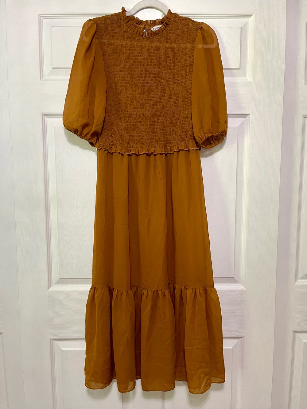 Nanette Lepore Rust Colored Smocked Semi-Sheer Midi Dress with Puff Sleeves 8